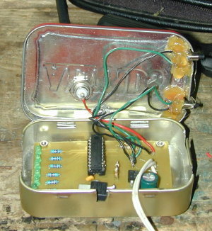 Altoid tin encloser, opened to show circuit